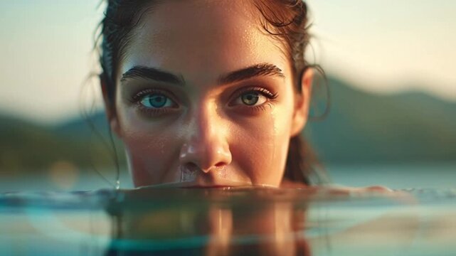 Cinematic close-up of a beautiful woman emerging from an infinity pool in an exotic tropical paradise, her eyes locked on the camera as sunlight glows across the serene water and luxurious resort back
