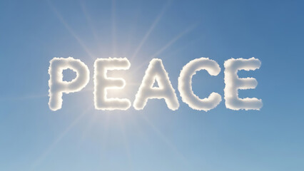 The word 'peace' shines brightly in clouds against a sunny blue sky background.