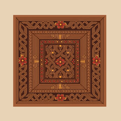 Obraz premium Ornamental floral and geometric design with square frame in earthy brown hues