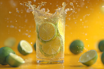 Fresh lime slices splash into a glass of water with a vibrant yellow background