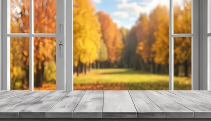 Empty soft gray Wooden table on bokeh autumn window view background