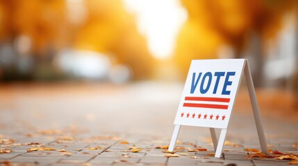 Vote sign displayed on a neighborhood street surrounded by autumn leaves, emphasizing civic engagement and community participation in the electoral process