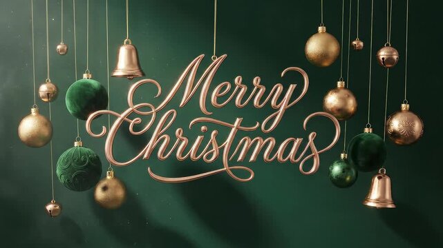 Elegant gold Merry Christmas script surrounded by luxurious velvet green ornaments and shiny brass bells hanging on a deep emerald background