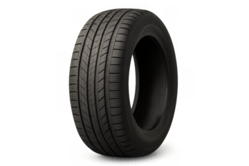 Black car tire isolated on transparent background, displaying durable rubber tread for safe driving performance