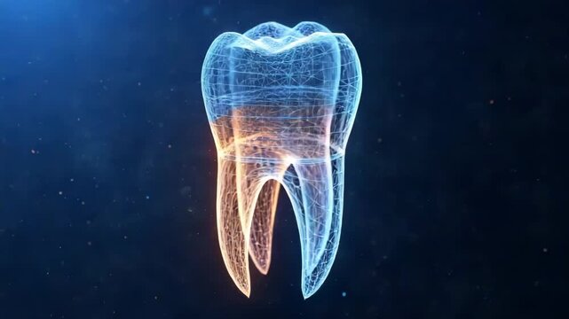 Digital wireframe rendering of a human molar tooth structure with blue and orange highlights against a dark, abstract background, symbolizing dental technology or analysis