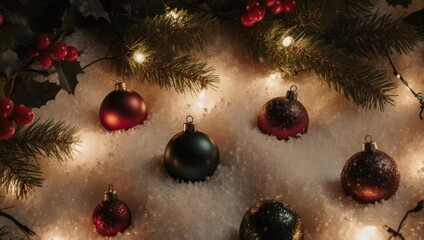 Festive Christmas Ornaments and Lights on Snowy Surface.