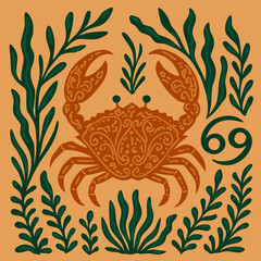 Cancer zodiac animal and symbol in boho style, decorated with seeweed on soft earthy background