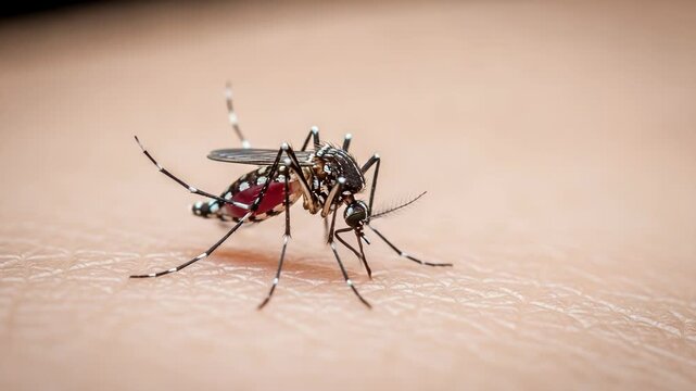 Closeup of an aedes aegypti mosquito, identifiable by its black and white striped legs, actively feeding on human skin, likely transmitting disease