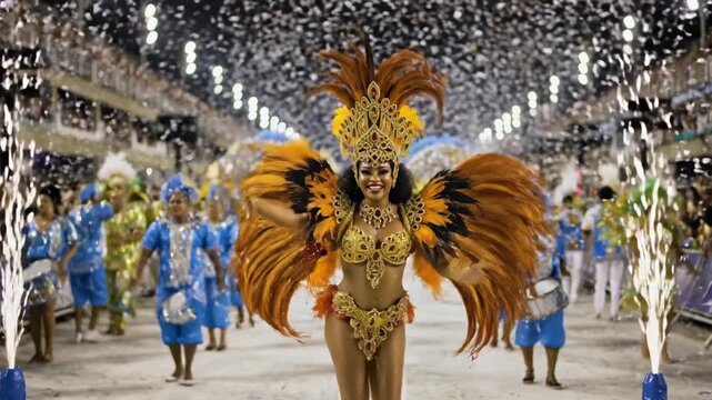 A vibrant parade dancer exudes energy with elaborate costume and exuberant movement. captures the festive spirit and cultural celebration of a grand carnival procession.
