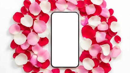 Modern smartphone with blank screen surrounded by vibrant red and pink rose petals