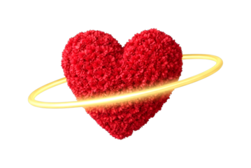 Vibrant red floral heart shape, intricately crafted from numerous small blossoms, is gracefully encircled by a luminous golden ring, radiating a warm and romantic glow