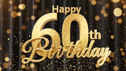 Golden happy 60th birthday celebration design with sparkling confetti and elegant black background