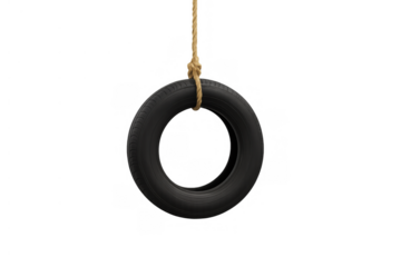 Black rubber tire hanging from a strong rope, forming a simple swing. Item isolated on a transparent background