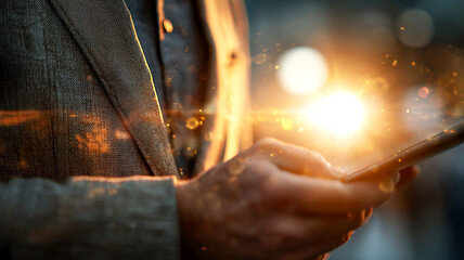 Man holds a device, the bright light emphasizes modern communication. A stylish jacket adds sophistication to the scene, blending tech with class