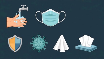 Hygiene and protection against viruses. Hand washing, face mask, shield, virus, and tissues icons. Vital for public health and disease prevention awareness