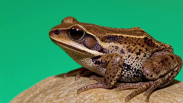 Closeup of a brown spotted frog sitting on a rock against a green background