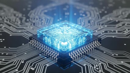 Closeup of a glowing blue central processing unit cpu or microchip on a complex printed circuit board pcb illustrating advanced technology and computing power - Powered by Adobe