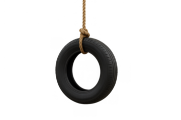 Tire swing hanging from rope, symbolizing childhood play, freedom, and outdoor fun with transparent background
