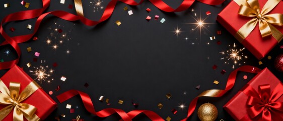 Holiday banner with red gift boxes, gold ribbons and sparklers on black background
