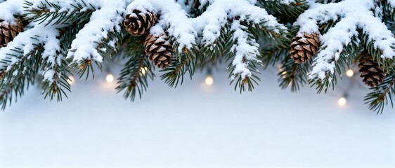 Christmas banner with snowy pine branches and cones on white background
