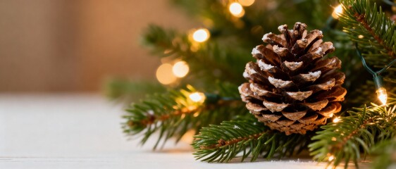 Christmas banner with close-up of pine cone, fir branches and lights on rustic background
