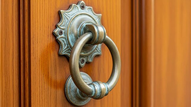 Closeup of an ornate, antique brass door knocker with a large ring attached to a richly grained, warm brown wooden door