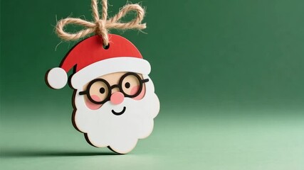 Wooden santa claus face christmas ornament hanging with twine isolated on white background - Powered by Adobe