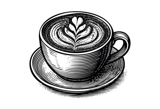 A Coffee Cup With Beautiful Latte Art Is Rendered in a Vintage Engraved Style &mdash; Stock Illustration.