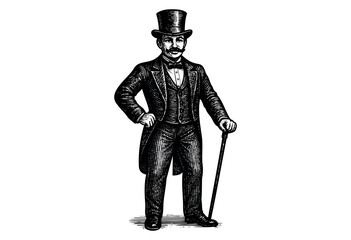 Obraz premium A Distinguished Victorian Gentleman in a Tailcoat and Top Hat Stands With a Cane in a Black and White Engraving — Stock Illustration.