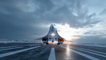 Aerospace Ascent: The sleek, futuristic supersonic aircraft poised on the runway, ready for takeoff against a dramatic sky backdrop, symbolizing innovation and the spirit of exploration.