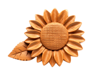 Beautifully carved wooden sunflower with a detailed leaf features a textured grid pattern center and warm golden-brown tones, showcasing intricate craftsmanship