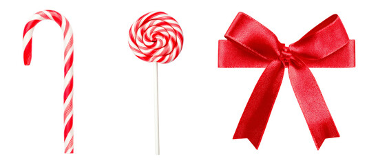 Christmas Candy Cane, Lollipop and Red Bow Isolated on White