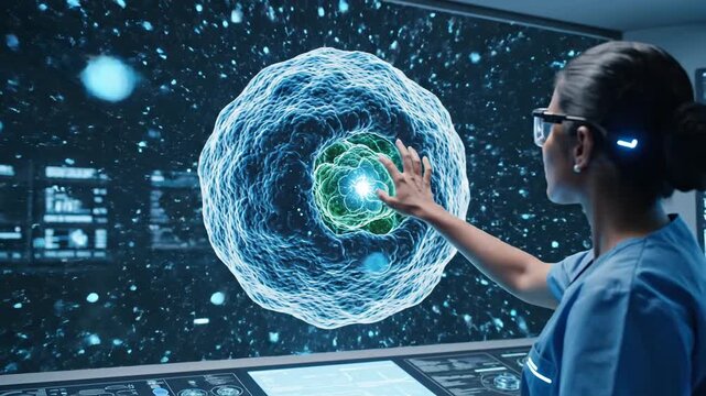 Indian Doctor Analyzing Futuristic Cell Hologram in Lab
