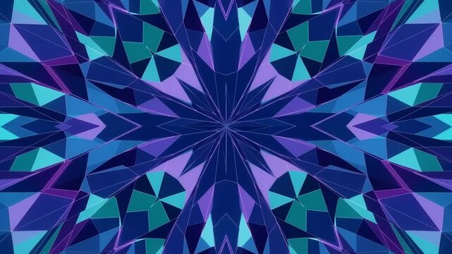 Symmetrical abstract background pattern composed of sharp geometric shapes in various shades of deep blue, violet, and cyan, resembling a kaleidoscope