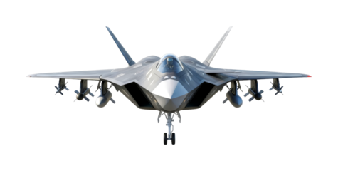 Sleek grey stealth fighter jet with missiles and bombs attached to its wings is shown from a front perspective, conveying power and advanced military technology