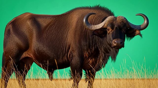Portrait of a cape buffalo syncerus caffer with large horns standing in dry grass isolated on green background