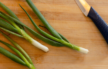 Green spring onions are resting diagonally on wooden cutting board with dark-handled kitchen knife