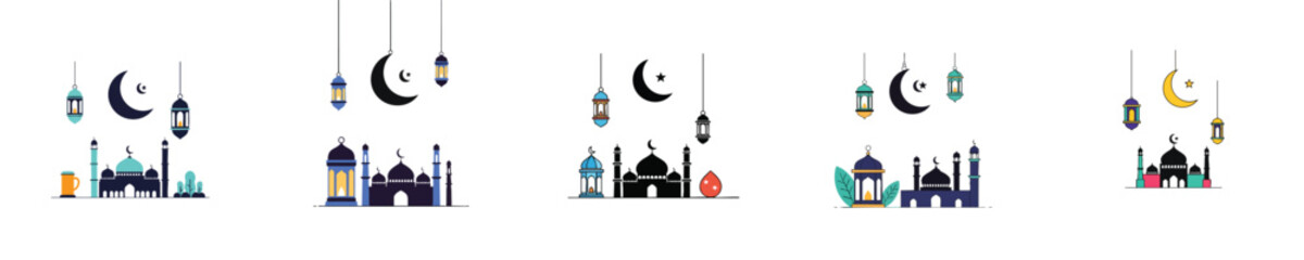 Fototapeta premium Eid Mubarak Mosque Lantern Crescent Moon Flat Vector Islamic Illustration