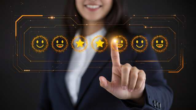 Businesswoman pressing smiley face touch screen and Business Service Satisfaction concept
