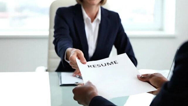 Job applicant hands resume document to hiring manager during professional interview for career opportunity