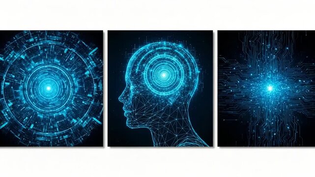 Abstract triptych depicting glowing blue digital energy patterns, including a human head silhouette, symbolizing artificial intelligence, thought, and complex data processing