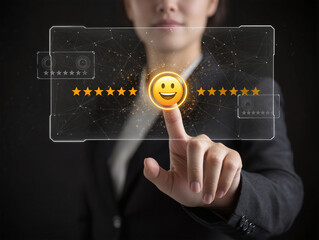 Businesswoman pressing smiley face touch screen and Business Service Satisfaction concept