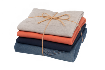 Stacked folded clothes tied with twine, symbolizing conscious consumption, donation, and organized wardrobe on transparent background