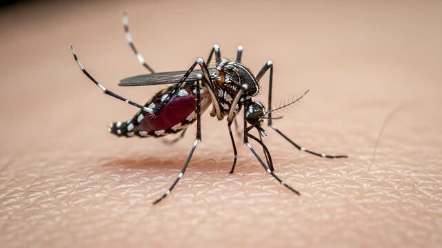 Closeup macro photograph of an aedes aegypti mosquito, identifiable by its black and white striped legs and body, actively feeding on human skin
