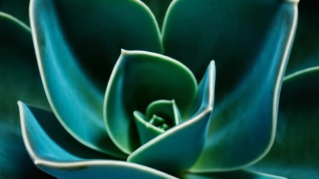 Closeup macro shot of a vibrant teal succulent plant showcasing its intricate, symmetrical rosette pattern and smooth, fleshy leaves under dramatic lighting
