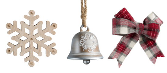 Festive Christmas Decorations: Snowflake, Bell, and Plaid Bow, png