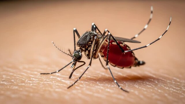 Closeup macro photograph of a female mosquito, likely aedes aegypti, feeding on human skin, its abdomen visibly engorged with blood