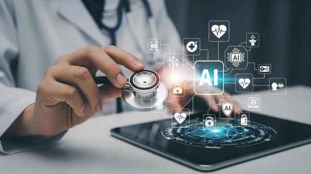 Doctor holding stethoscope over tablet displaying artificial intelligence interface with medical icon network for future healthcare technology concept