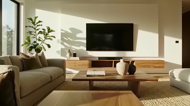 A modern living room setting featuring a sleek mounted television on a wall flanked by a stylish couch and coffee table showcasing a perfect blend of comfort leisure time and family bonding.