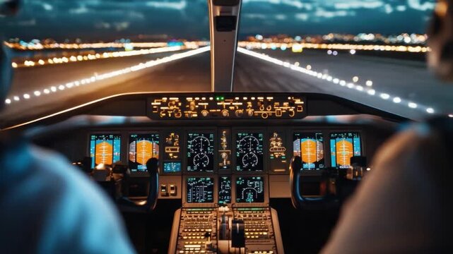 Night Flight: A pilot's perspective inside the cockpit, with a focus on the instrument panel and the illuminated runway ahead, symbolizing precision and the journey ahead.